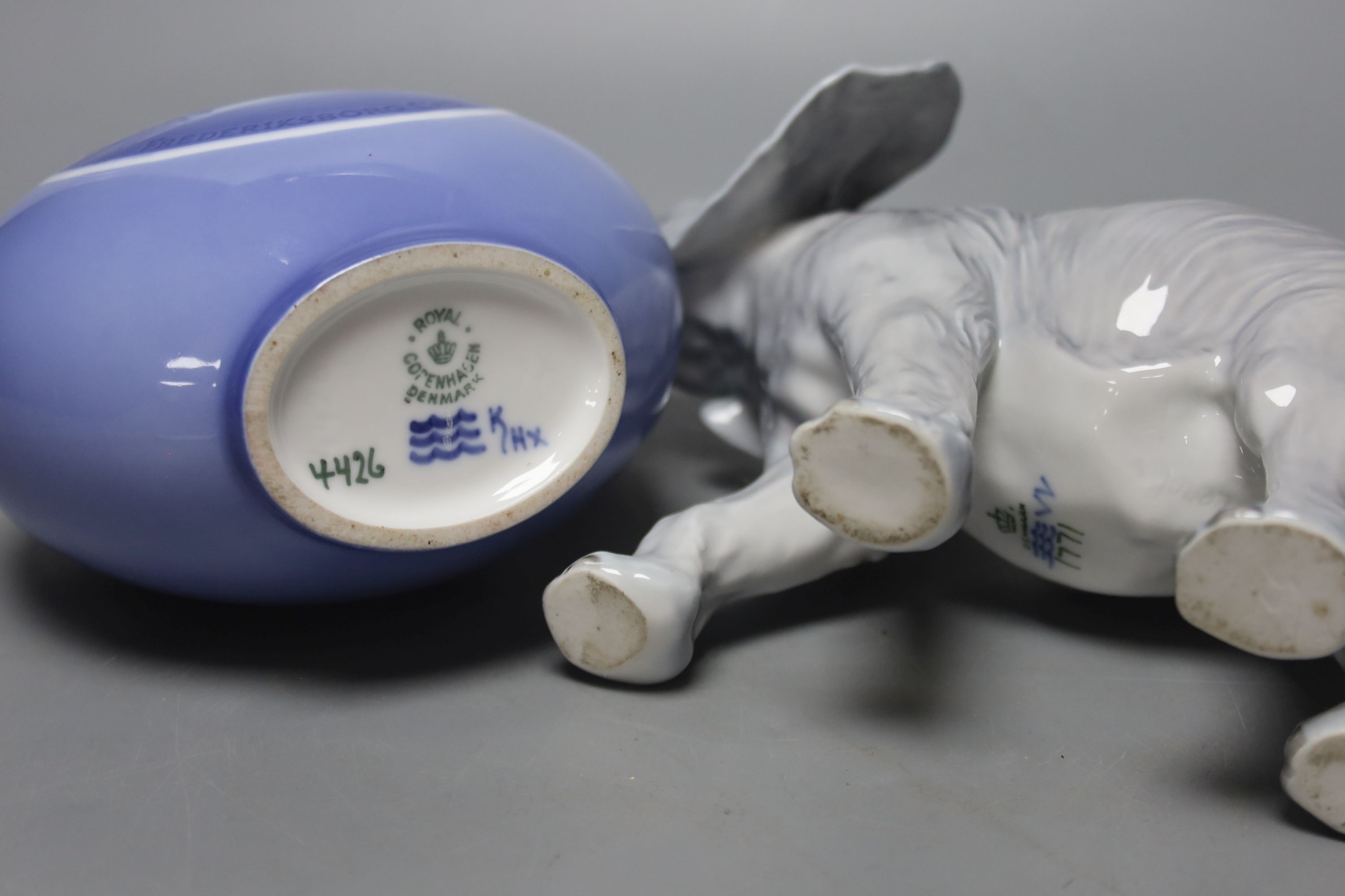 A Royal Copenhagen bottle and stopper and a model of an elephant, bottle and stopper 25 cms high.